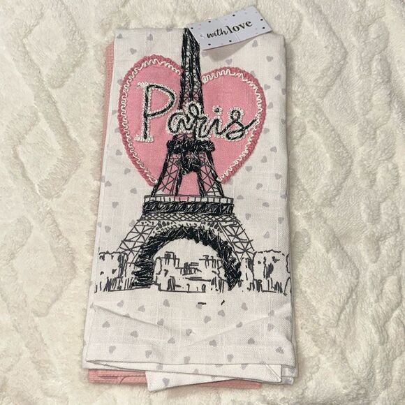with LOVE Pink Ivory Black Metallic PARIS Eiffel Tower Cotton Kitchen Towels 2pc - Picture 1 of 7